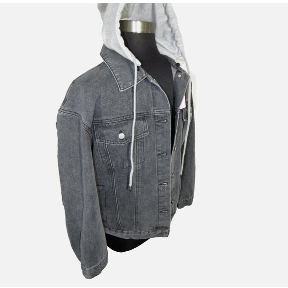 Men's Detachable Hood Layered Look Gray Denim Jean Jacket Size Medium - Picture 2 of 12
